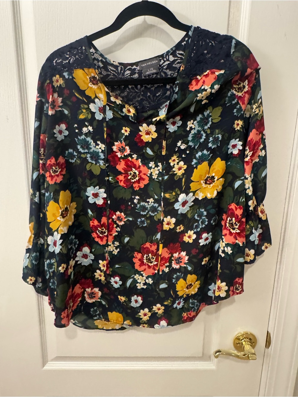 Van Heusen Dark Floral Lace-Back Cowl Neck Blouse
